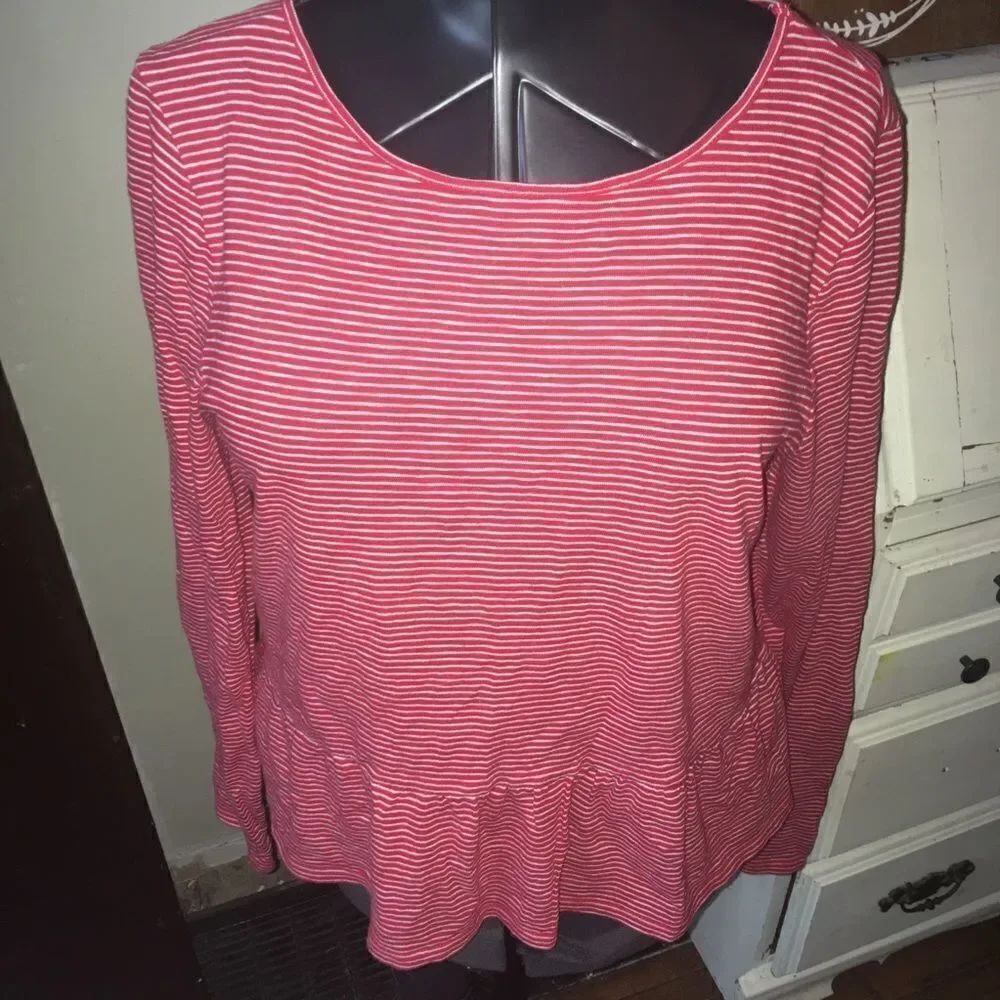 J Crew red and white striped ruffle knit size L blouse